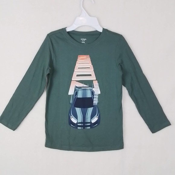 Carter's Long‎ Sleeve Cotton Graphic Tee Size 7 in Green w/ Race Car - Picture 1 of 9
